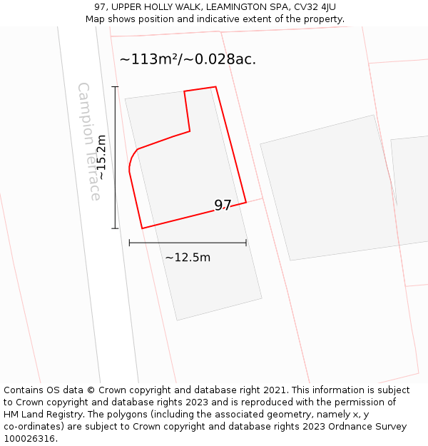 97, UPPER HOLLY WALK, LEAMINGTON SPA, CV32 4JU: Plot and title map