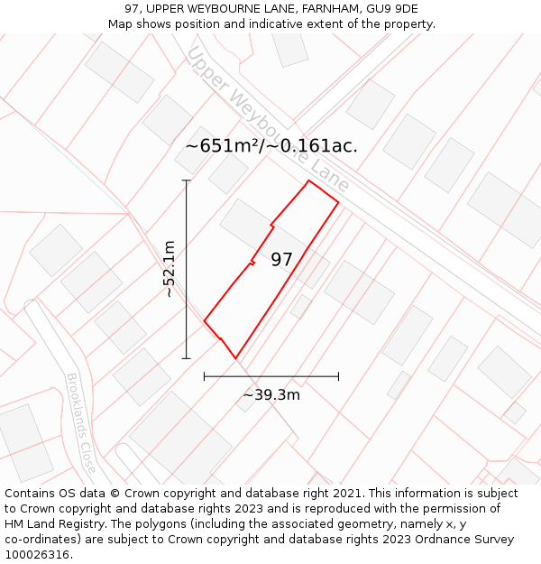 97, UPPER WEYBOURNE LANE, FARNHAM, GU9 9DE: Plot and title map