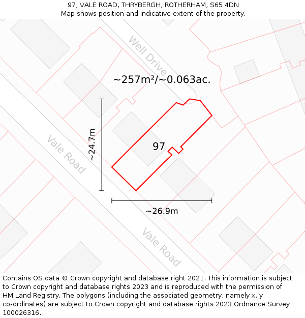 97, VALE ROAD, THRYBERGH, ROTHERHAM, S65 4DN: Plot and title map