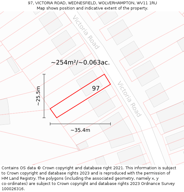 97, VICTORIA ROAD, WEDNESFIELD, WOLVERHAMPTON, WV11 1RU: Plot and title map