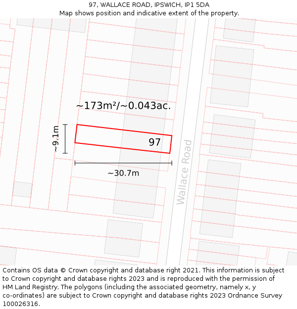 97, WALLACE ROAD, IPSWICH, IP1 5DA: Plot and title map