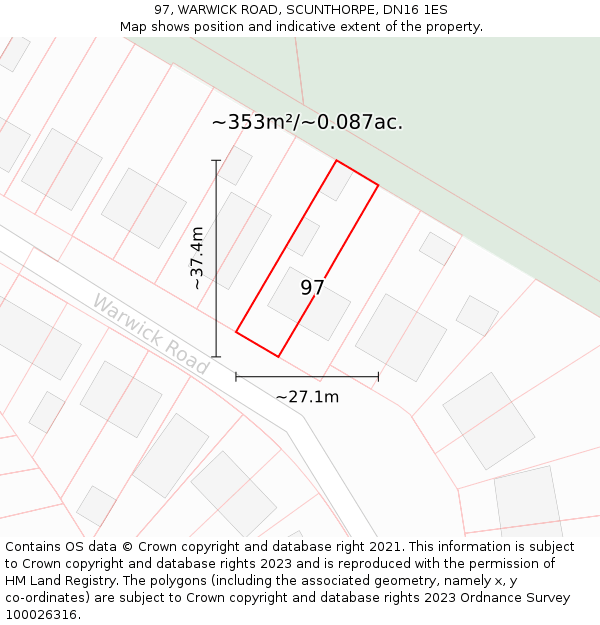 97, WARWICK ROAD, SCUNTHORPE, DN16 1ES: Plot and title map