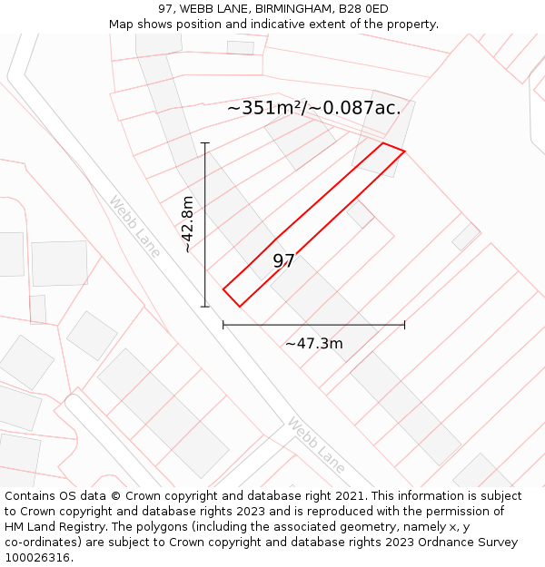 97, WEBB LANE, BIRMINGHAM, B28 0ED: Plot and title map