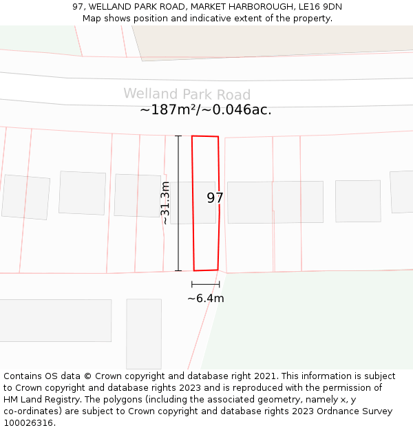 97, WELLAND PARK ROAD, MARKET HARBOROUGH, LE16 9DN: Plot and title map