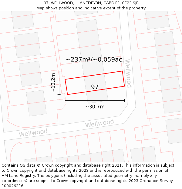 97, WELLWOOD, LLANEDEYRN, CARDIFF, CF23 9JR: Plot and title map
