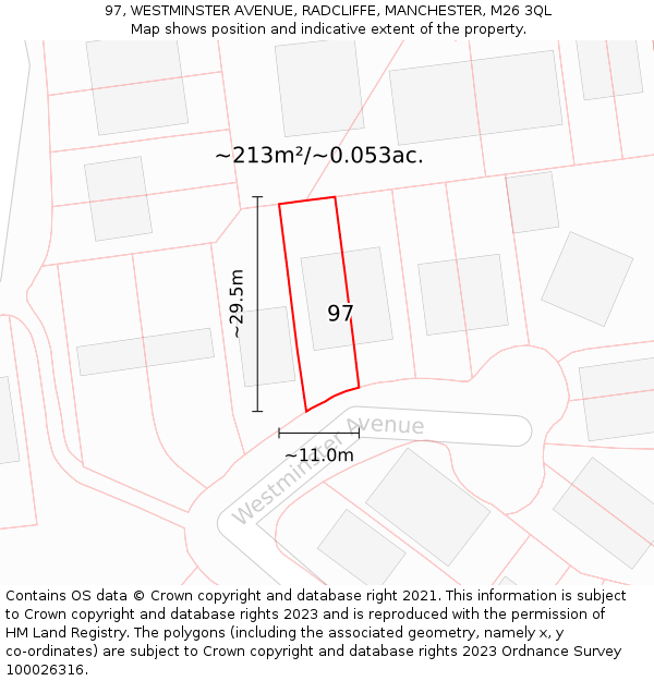 97, WESTMINSTER AVENUE, RADCLIFFE, MANCHESTER, M26 3QL: Plot and title map