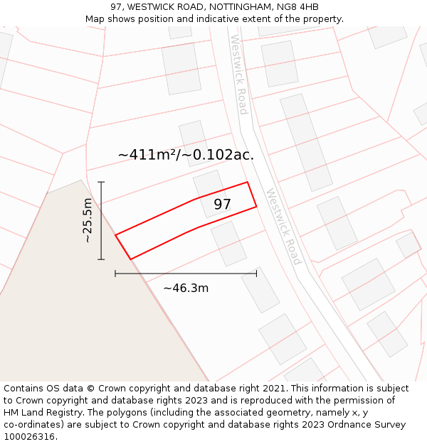 97, WESTWICK ROAD, NOTTINGHAM, NG8 4HB: Plot and title map