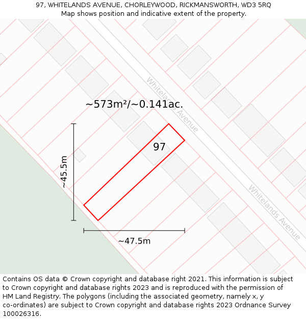 97, WHITELANDS AVENUE, CHORLEYWOOD, RICKMANSWORTH, WD3 5RQ: Plot and title map