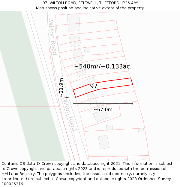 97, WILTON ROAD, FELTWELL, THETFORD, IP26 4AY: Plot and title map