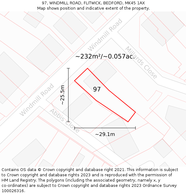 97, WINDMILL ROAD, FLITWICK, BEDFORD, MK45 1AX: Plot and title map
