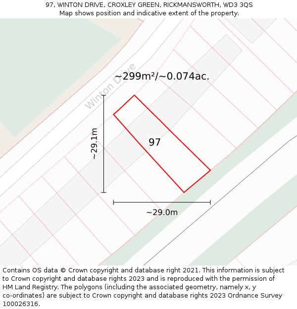97, WINTON DRIVE, CROXLEY GREEN, RICKMANSWORTH, WD3 3QS: Plot and title map
