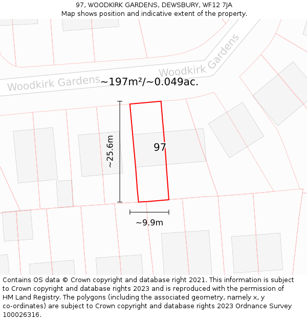 97, WOODKIRK GARDENS, DEWSBURY, WF12 7JA: Plot and title map