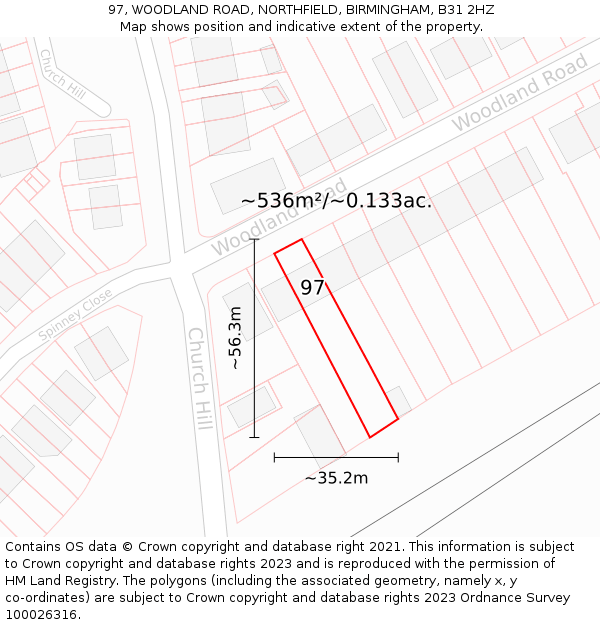 97, WOODLAND ROAD, NORTHFIELD, BIRMINGHAM, B31 2HZ: Plot and title map