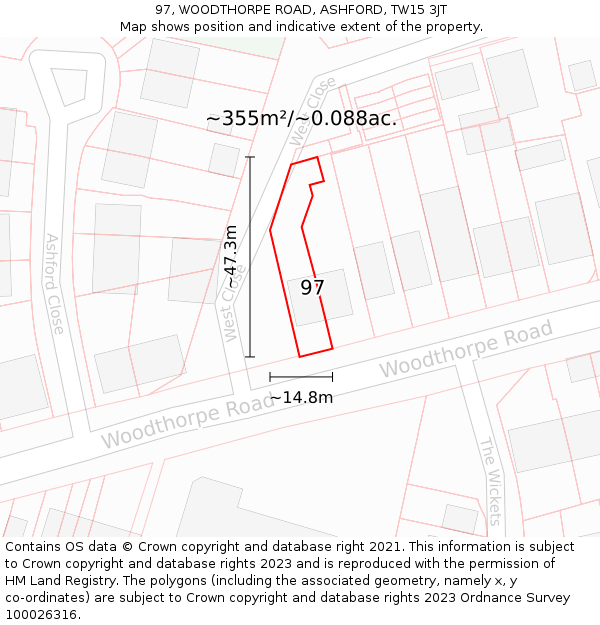 97, WOODTHORPE ROAD, ASHFORD, TW15 3JT: Plot and title map