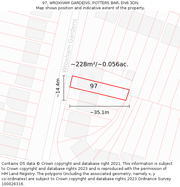 97, WROXHAM GARDENS, POTTERS BAR, EN6 3DN: Plot and title map