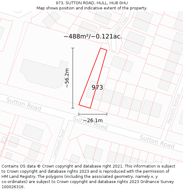 973, SUTTON ROAD, HULL, HU8 0HU: Plot and title map