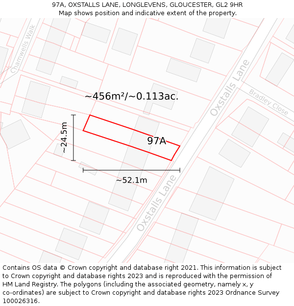 97A, OXSTALLS LANE, LONGLEVENS, GLOUCESTER, GL2 9HR: Plot and title map