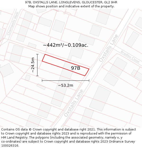 97B, OXSTALLS LANE, LONGLEVENS, GLOUCESTER, GL2 9HR: Plot and title map