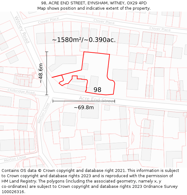 98, ACRE END STREET, EYNSHAM, WITNEY, OX29 4PD: Plot and title map
