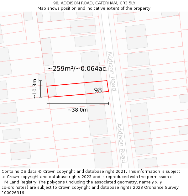 98, ADDISON ROAD, CATERHAM, CR3 5LY: Plot and title map