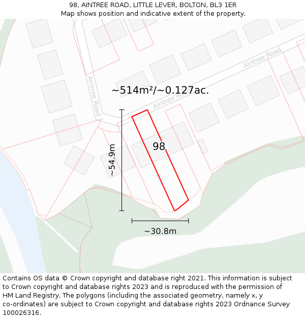 98, AINTREE ROAD, LITTLE LEVER, BOLTON, BL3 1ER: Plot and title map