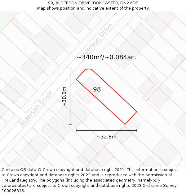 98, ALDERSON DRIVE, DONCASTER, DN2 6DB: Plot and title map