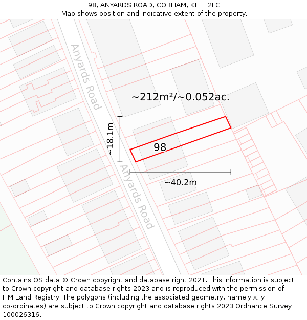 98, ANYARDS ROAD, COBHAM, KT11 2LG: Plot and title map