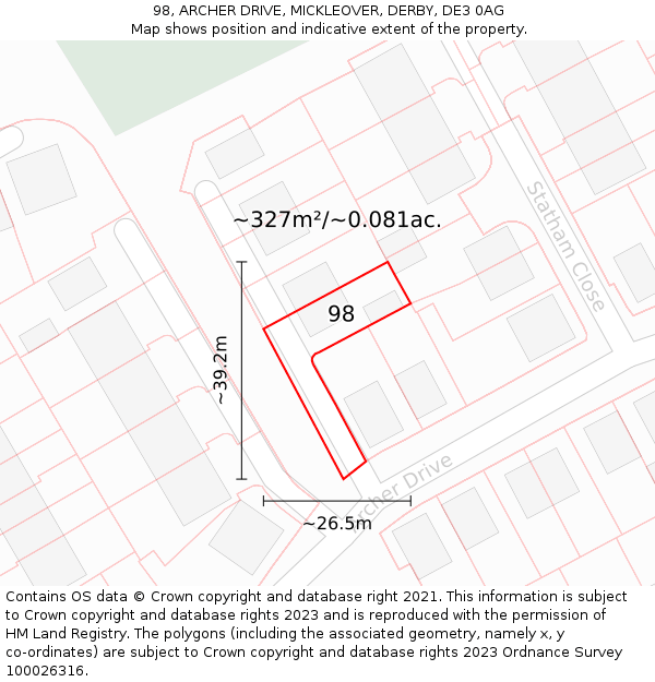 98, ARCHER DRIVE, MICKLEOVER, DERBY, DE3 0AG: Plot and title map