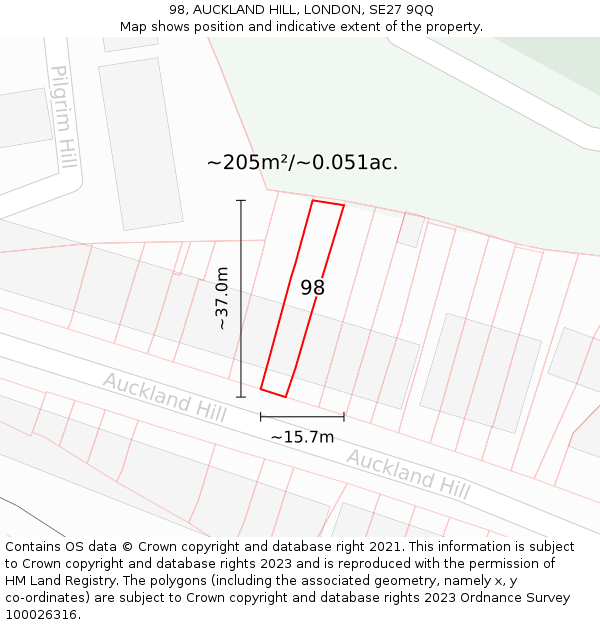 98, AUCKLAND HILL, LONDON, SE27 9QQ: Plot and title map