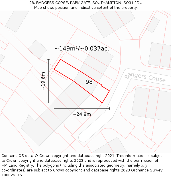 98, BADGERS COPSE, PARK GATE, SOUTHAMPTON, SO31 1DU: Plot and title map