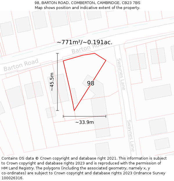 98, BARTON ROAD, COMBERTON, CAMBRIDGE, CB23 7BS: Plot and title map