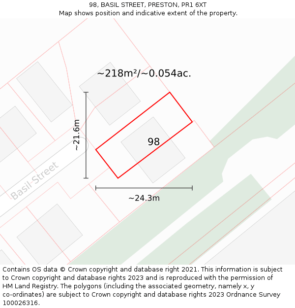 98, BASIL STREET, PRESTON, PR1 6XT: Plot and title map