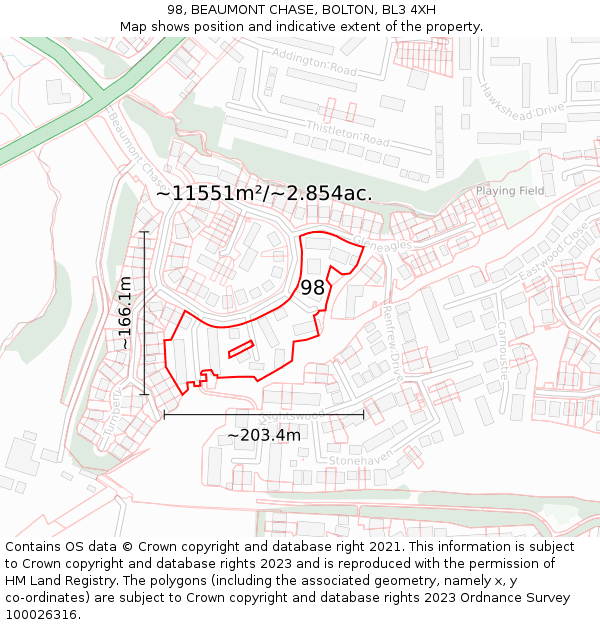 98, BEAUMONT CHASE, BOLTON, BL3 4XH: Plot and title map
