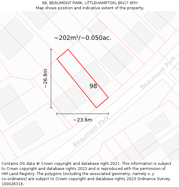 98, BEAUMONT PARK, LITTLEHAMPTON, BN17 6PH: Plot and title map