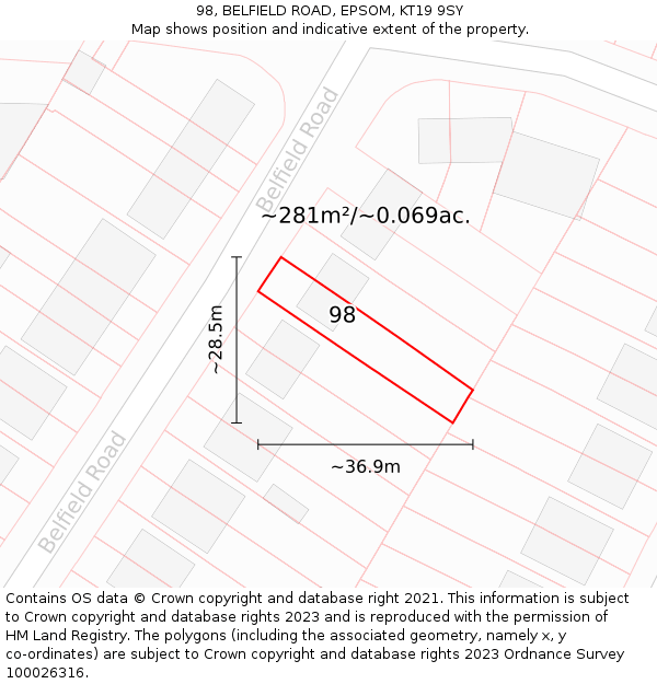 98, BELFIELD ROAD, EPSOM, KT19 9SY: Plot and title map
