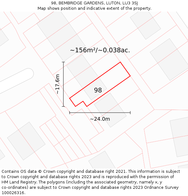 98, BEMBRIDGE GARDENS, LUTON, LU3 3SJ: Plot and title map