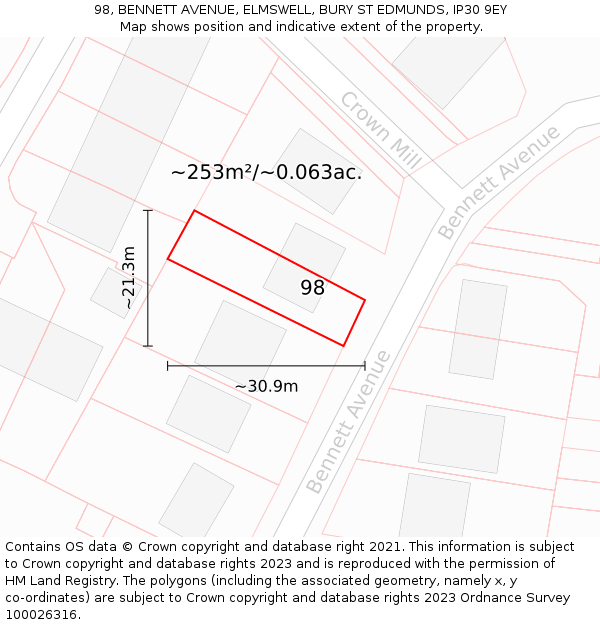 98, BENNETT AVENUE, ELMSWELL, BURY ST EDMUNDS, IP30 9EY: Plot and title map
