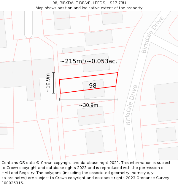 98, BIRKDALE DRIVE, LEEDS, LS17 7RU: Plot and title map