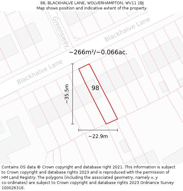98, BLACKHALVE LANE, WOLVERHAMPTON, WV11 1BJ: Plot and title map