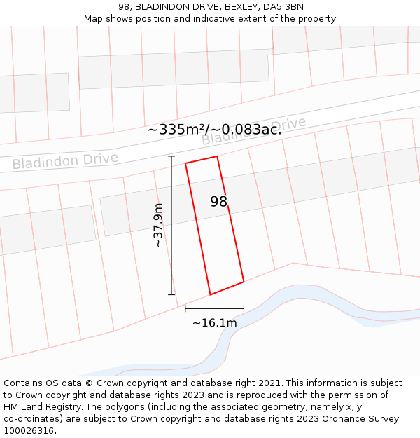 98, BLADINDON DRIVE, BEXLEY, DA5 3BN: Plot and title map