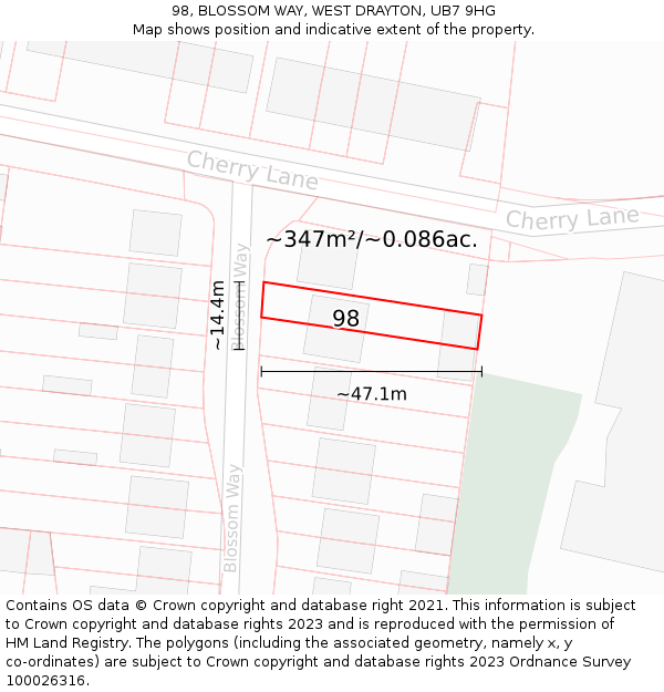 98, BLOSSOM WAY, WEST DRAYTON, UB7 9HG: Plot and title map
