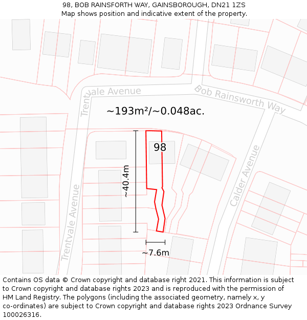98, BOB RAINSFORTH WAY, GAINSBOROUGH, DN21 1ZS: Plot and title map