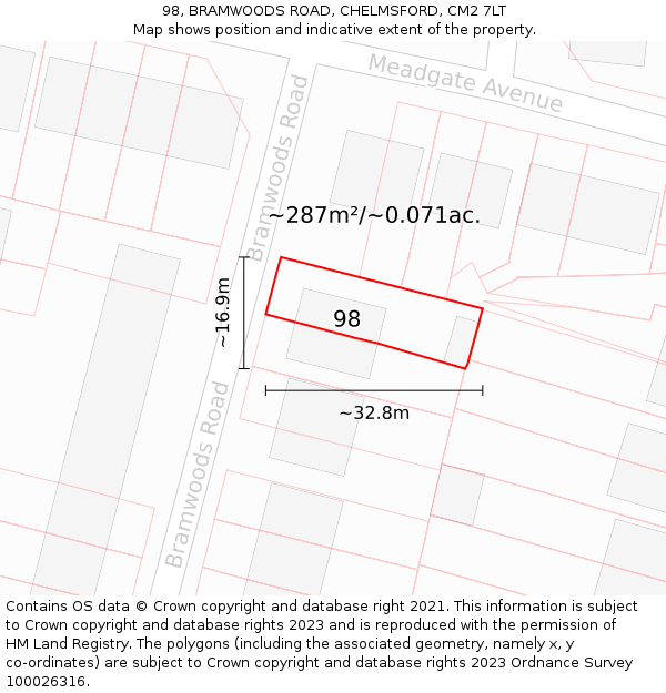 98, BRAMWOODS ROAD, CHELMSFORD, CM2 7LT: Plot and title map
