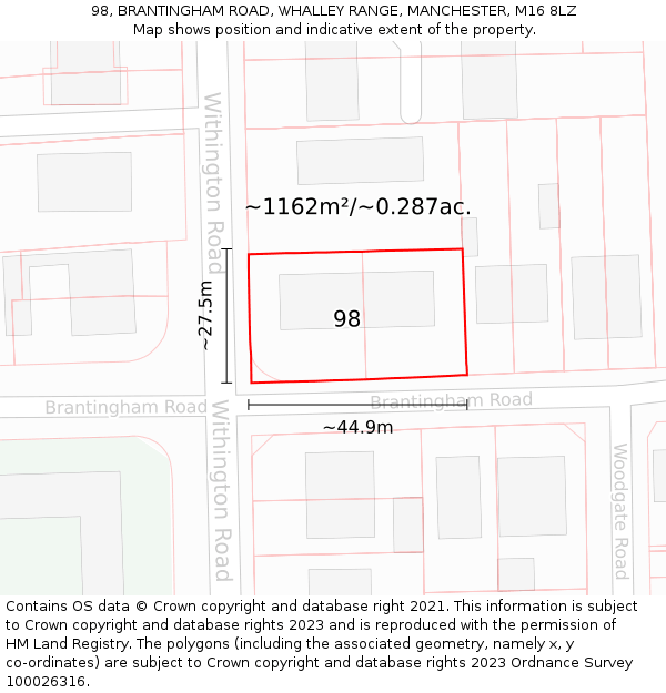98, BRANTINGHAM ROAD, WHALLEY RANGE, MANCHESTER, M16 8LZ: Plot and title map