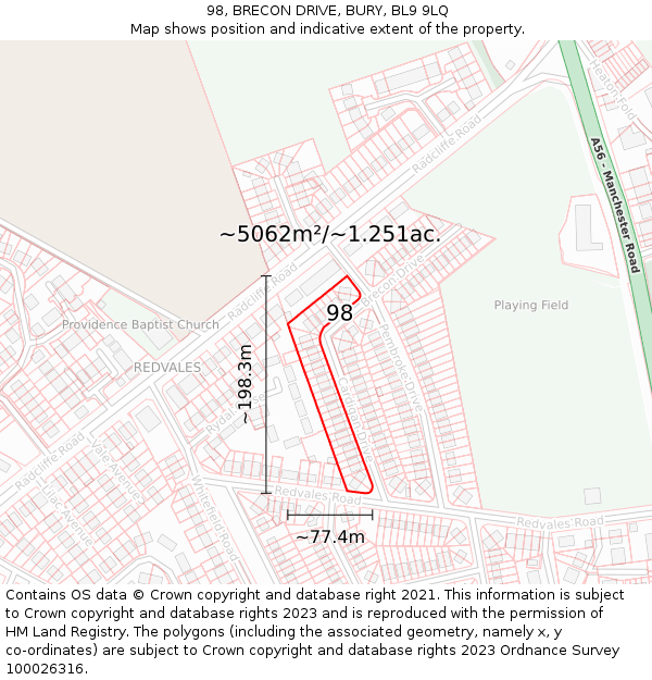 98, BRECON DRIVE, BURY, BL9 9LQ: Plot and title map