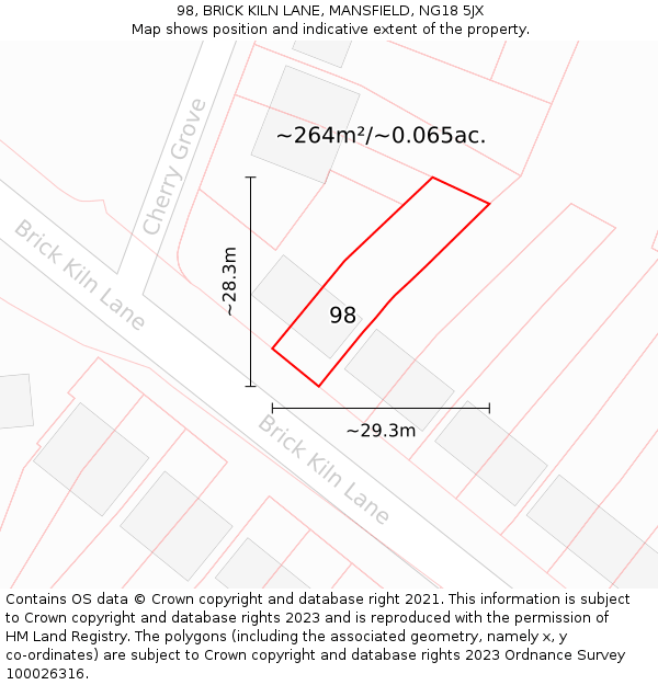 98, BRICK KILN LANE, MANSFIELD, NG18 5JX: Plot and title map
