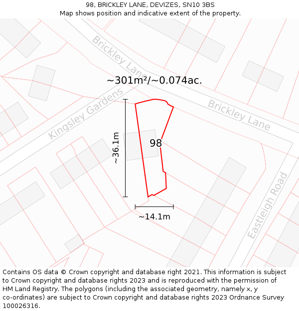 98, BRICKLEY LANE, DEVIZES, SN10 3BS: Plot and title map