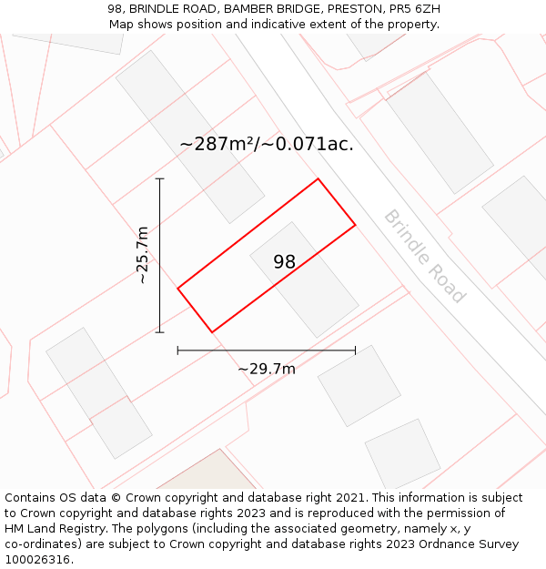 98, BRINDLE ROAD, BAMBER BRIDGE, PRESTON, PR5 6ZH: Plot and title map