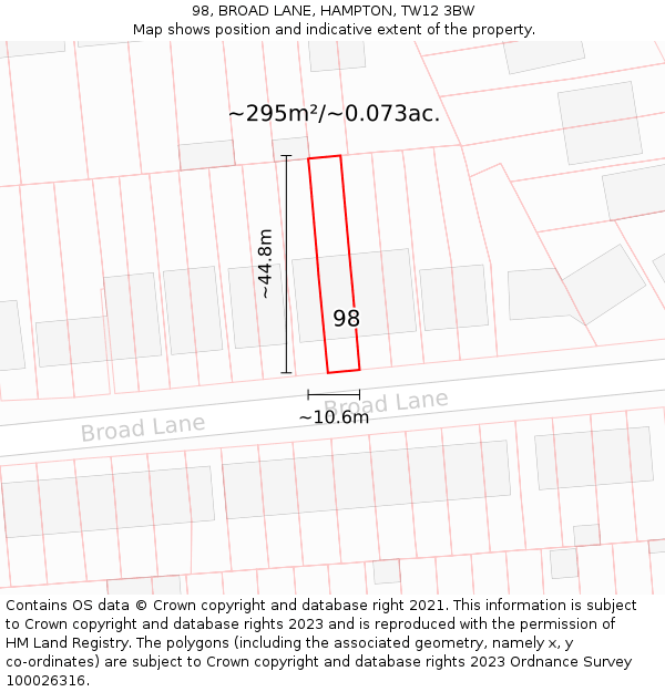 98, BROAD LANE, HAMPTON, TW12 3BW: Plot and title map