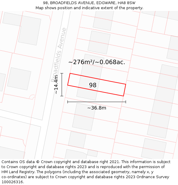 98, BROADFIELDS AVENUE, EDGWARE, HA8 8SW: Plot and title map